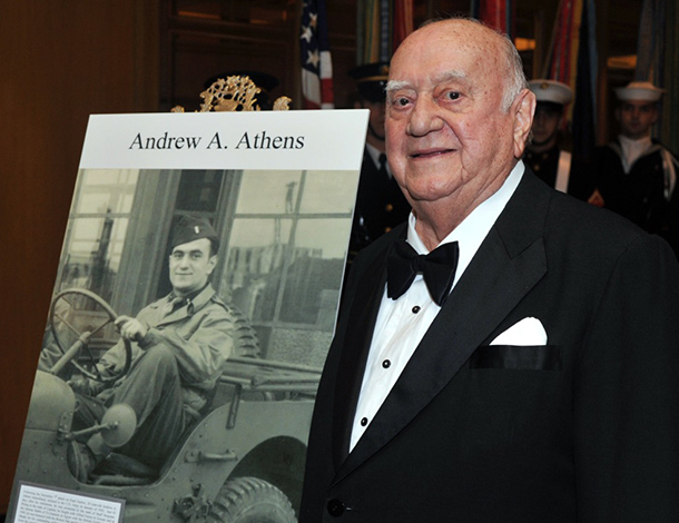 Andrew Athens - and a picture of him serving the US Army in World War II  - in October, 2011 when he was honored in Washington DC, along with Senator Bob Dole, with the Greatest Generation Award.