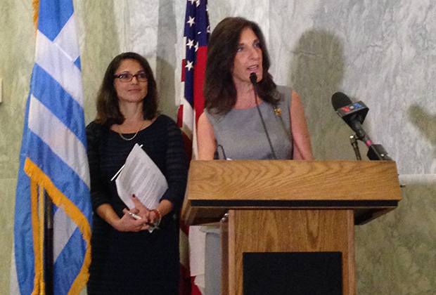 From left, Thalia Assuras, Emcee for the event and former CBS & ABC news anchor, and Joanne Saltas offering remarks