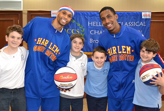 The Harlem Globetrotters at the school for a anti-bullying workshop. Students in this photo are: John Capetanakis, Evan Capetanakis, Basil Grigos and Alex Capetanakis