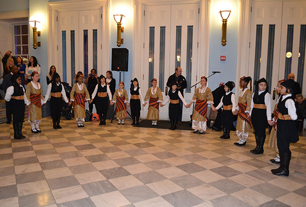 The school's Dance Troupe dancing at Brooklyn Borough Hall in honor of Greek Independence Day