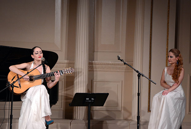 Eleni (right) and Souzana Vougioukli on stage at Carnegie Hall; PHOTO: ETA PRESS