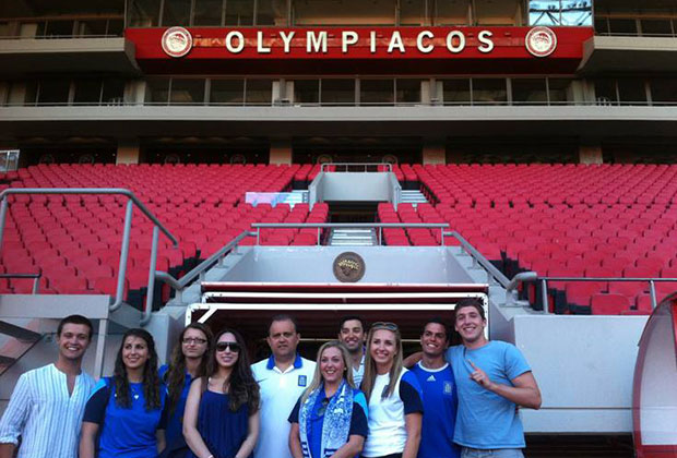 Students touring the Karaiskakis Stadium, sponsored by Olympiakos FC and Evangelos Marinakis