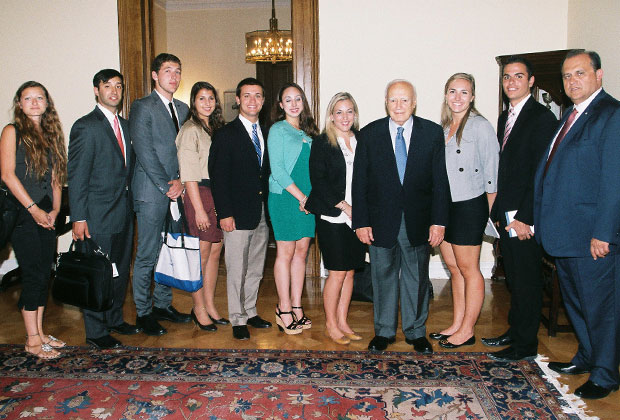 With President Karolos Papoulias of the Hellenic Republic at the Presidential Palace. AHI President Nick Larigakis (right) and the student participants: Alexandra Veletsis, a sophomore at the University of Miami pursuing a Bachelor of Arts degree in International Studies with a Spanish Language Minor; Christiana Metaxas, a junior pursuing a double-major in Linguistics and French at Binghamton University, State University of New York; Evan Frohman, a junior pursuing a Bachelor of Arts degree in Political Science, Legal Studies and Economics at Northwestern University, in Evanston, Illinois; Harry Jacobsen, a rising junior at University of South Carolina pursuing a Bachelor of Arts degree in political science; Matthew Moramarco, a native of Andover, Massachusetts and a rising senior at the University of Arizona; Paulina Likos, a rising junior at Villanova University pursuing a double major in Political Science and Spanish with a concentration in Communication; Peter Milios, a junior at Florida State University, pursuing a Bachelor of Arts degree in both International Affairs and Political Science with a minor in Middle Eastern Studies; Tiffani Katherine Wills, a rising sophomore at the University of Alabama, Tuscaloosa, Alabama, majoring in Psychology; Zacharo Diamanto Gialamas, a rising senior at the George Washington University, majoring in Political Science and minoring in Creative Writing.
