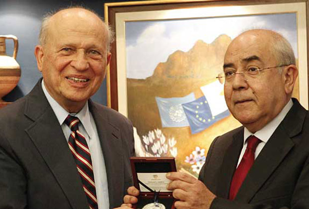 President of the Cypriot House of Representatives Omirou presents AHI Founder Rossides with the highest award the House can bestow upon an individual.