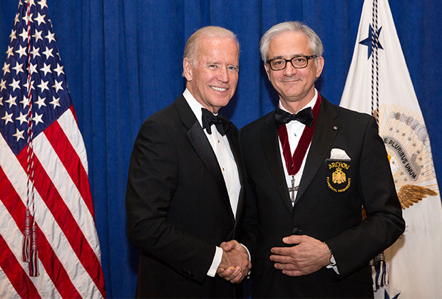 George S. Tsandikos with United States Vice President Joseph R. Biden, recipient of Athenagoras Human Rights Award at Order of Saint Andrew, Archons of Ecumenical Patriarchate Grand Banquet in October of 2015 (Official White House Photo by Amanda Lucidon)