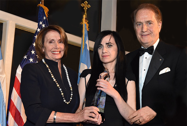 House Democratic Leader Nancy Pelosi and Andy Manatos present Dinara Yunus, daughter of Leyla Yunus, with the 2015 Battle of Crete Award, PHOTO BY: BILL PETROS