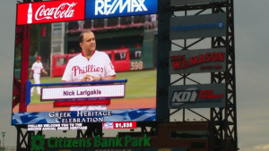 Throwing out the first pitch at the annual Greek Heritage Night at the Philadelphia Phillies