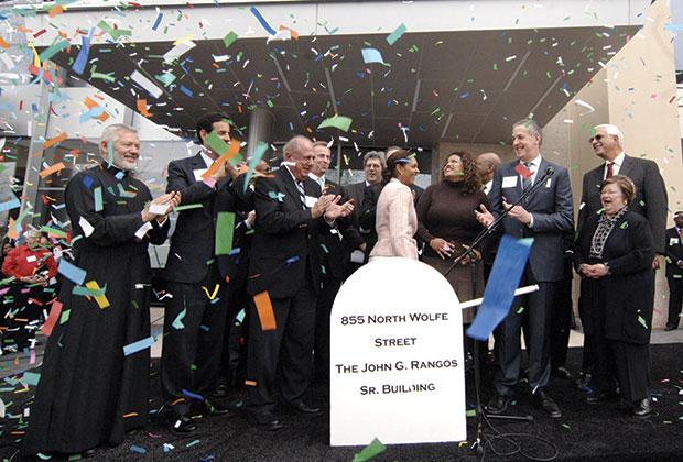 Confetti rains moments after the inauguration of the new John G. Rangos Sr. Life Sciences Building at Johns Hopkins University Science & Technology Park, part of an 80-acre urban development just north of the Hopkins medical campus in east Baltimore. The Rangos Family Charitable Foundation funded construction for the building. Pictured from the left are His Eminence Metropolitan Soterios of Toronto, a cousin of Mr. Rangos; Congressman John Sarbanes of Maryland; Mr. Rangos; Baltimore Mayor Sheila Dixon and City Council President Stephanie Rawlings-Blake; Scott Levitan, director of development for the new Science & Technology Park; Edward D. Miller, Dean of Johns Hopkins School of Medicine; and U.S. Senator Barbara Mikulski of Maryland.