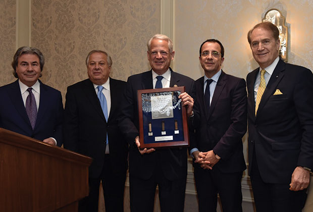 Frizis Award Recipient, Congressman Steve Israel with, from left, Nikos Mouyiaris, Philip Christopher and Cyprus Government Spokesman Nikos Christodoulides