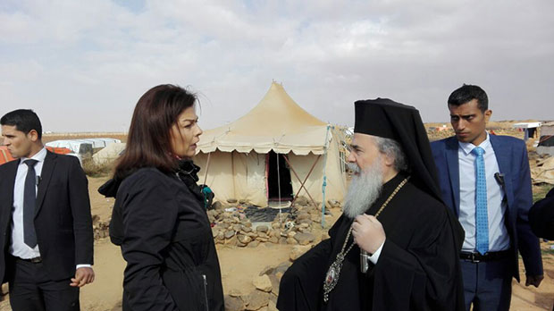 Ms. Wafa Goussous, director at the Middle East Council of Churches Orthodox Initiative with the patriarch during his visit