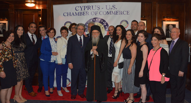 Nikos Mouyiaris with Archbishop Demetrios and members of the Cyprus-US Chamber of Commerce, PHOTO: ETA PRESS