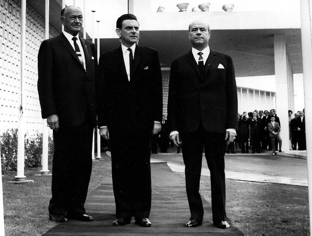 Conrad Hilton, with government Minister Panagiotis Papalegouras and ship magnate Stratis Andreadis at the inauguration of Hilton Athens