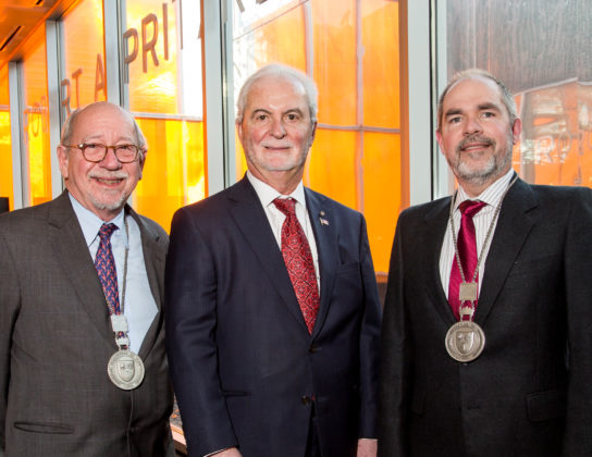 (L to R) John F. O. Bilson, Ph.D., John P. Calamos, Sr., and J.D. Trout, Ph.D., celebrate the investiture of Trout’s as The John and Mae Calamos Endowed Chair in Philosophy at the Illinois Institute of Technology, Feb. 27, 2018, in Chicago. Bilson was named the John and Mae Calamos Stuart School of Business Dean Endowed Chair at IIT in 2016