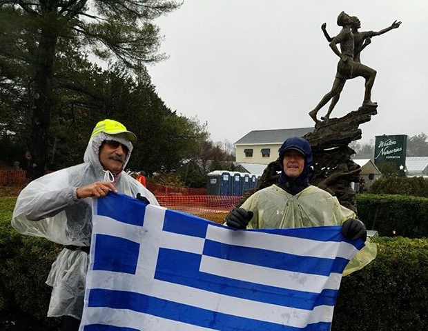 Jimmy and Mike at Mile 1 of the race at the statue of Stylianos Kyriakides