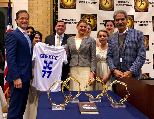 Mike and Jimmy with the grandchildren of Stylianos Kyriakides, Maria and George Contos, and the golden wreaths flown in from Greece to crown the winners of the Boston Marathon