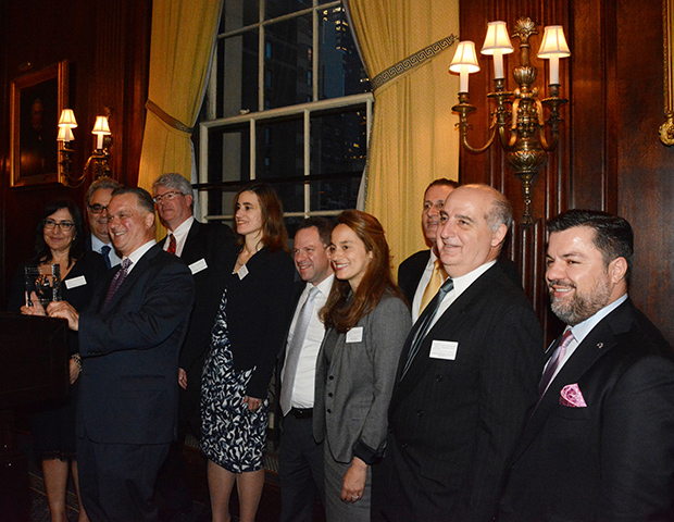 Daniel S. Janis the 3rd receiving HABA's Executive of the Year Award. From left are, Fanny Trataros, President of HABA, James Gerkis, the honoree, Robert Savage, Sophia Prountzos, Nick Lionas, Anna Sembos, Costas Kellas, Emmanuel Caravanos and George Maroulis