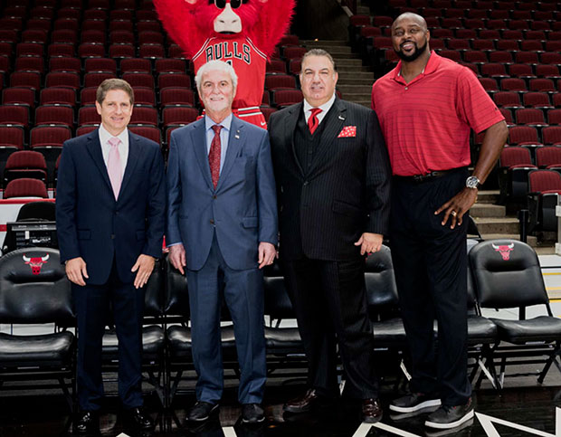 Left to Right: Chicago Bulls President and COO Michael Reinsdorf, Calamos Investments Founder John Calamos, Calamos Investments CEO John Koudounis and Chicago Bulls Legend Horace Grant.