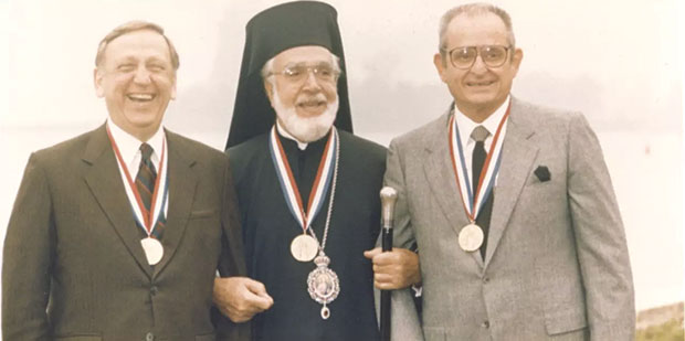 Three Greek American Giants: from right, Alex Spanos, Archbishop Iakovos and John Brademas