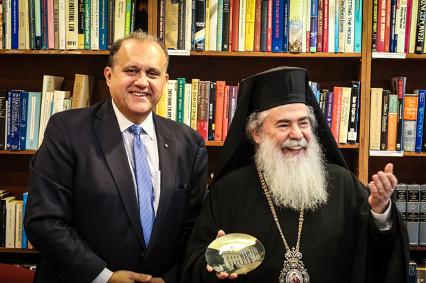 AHI President Nick Larigakis welcomes Patriarch Theophilos III