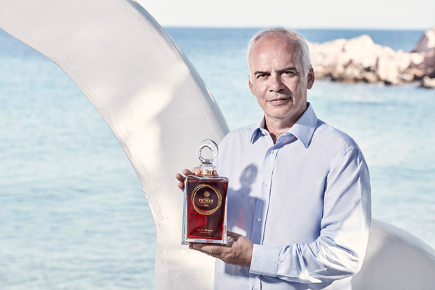 Constantinos Raptis with Metaxa AEN which was first released in celebration of the company's 120th birthday and made with a blend of spirits aged up to 80 years. The decanters are filled from their cask #1, known as the Spyros Cask (named after the Metaxa founder, Spyros Metaxas), which has been used for more than 80 years for blending. It's traditional for the Metaxa master blender to assess his blends and at the start of every year, choose some exceptional spirits aged for at least 20 years and transfer them into this legendary cask.