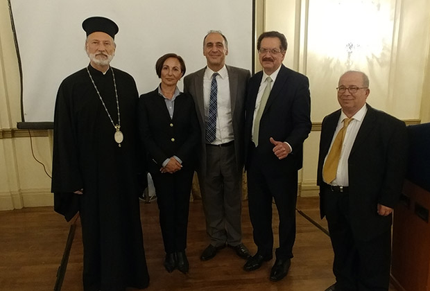 From left, Bishop Irinej, Consul Marjana Zivkovic, Alexander Billinis, Lou Katsos and Stamatis Ghikas. PHOTO: ETA PRESS