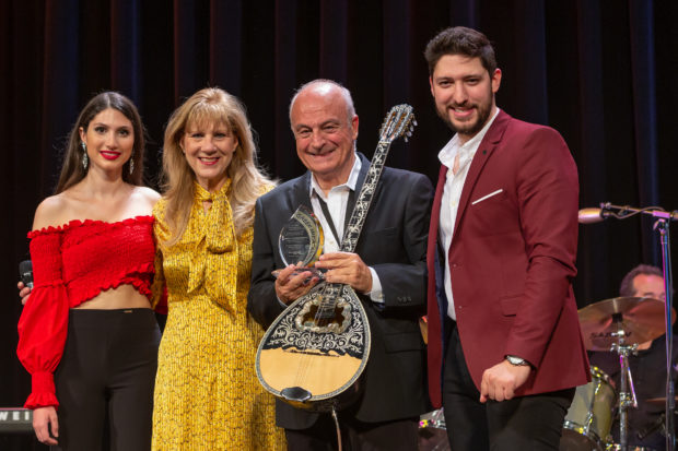 Elena Maroulleti, 2nd from left, with artists Thanasis Polykandriotis, 3rd from left, Afroditi Chatzimina, 1st from left, and Aris Kampanos PHOTO: ANASTASIOS MENTIS