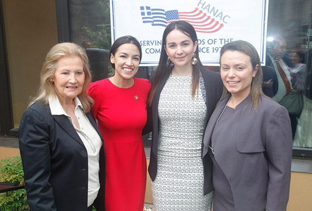 From left, Evangeline Douris, Chairman of HANAC's Board. Congresswoman Alexandria Ocasio-Cortez, Paola Duran, Director of Housing Development, HANAC, and Stacy Bliagos, Executive Director, HANAC