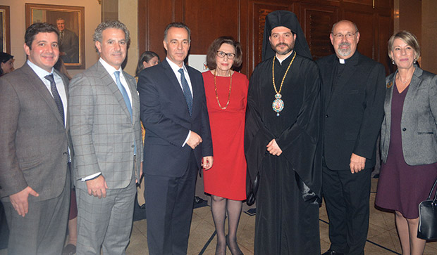 George Sophocles, Michael Bapis, Consul General of Greece, Dr. Konstantine Koutras, Paulette Poulos, Bishop Apostolos of Medeia, Fr. Nick Anctil, Evelyn Kanellea, Cultural and Public Relations Officer in New York Greek Consulate, PHOTO: ETA PRESS