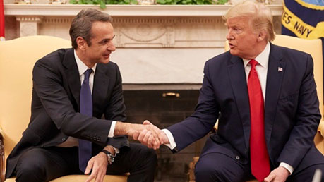 (Prime Minister Kyriakos Mitsotakis and President Donald J. Trump shake hands in a meeting at the White House)