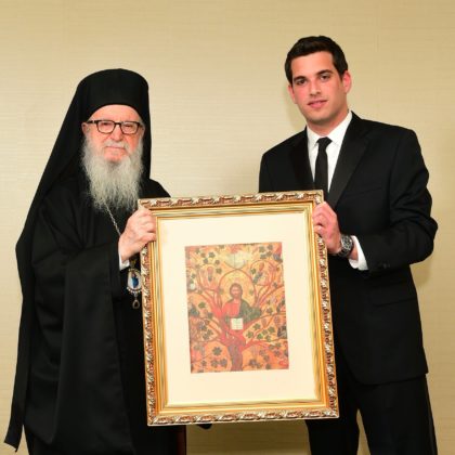 Archbishop Demetrios and George Petrocheilos upon being inducted into the Leadership 100