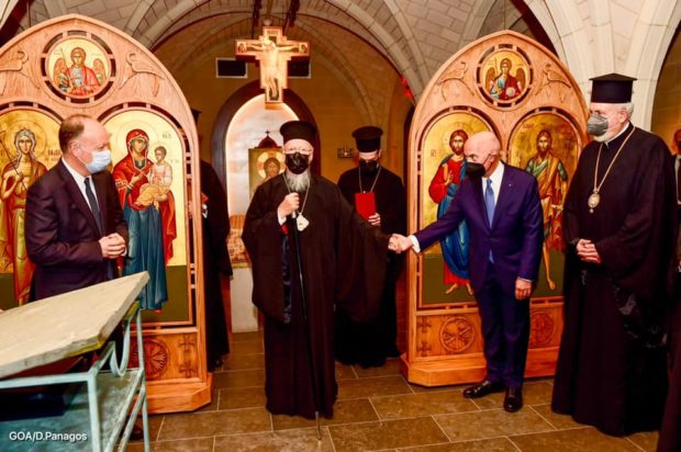 Ecumenical Patriarch Bartholomew with Michael Psaros and Metropolitan Bishop Methodios at the Copley Crypt Chapel of Georgetown University. PHOTO: GOA/D.PANAGOS