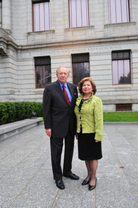 George and Margo Behrakis in front of the building that houses the Art of the Ancient World wing, which the Boston Museum of Fine Arts has named in their honor