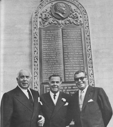 Skouras Brothers' reunion at the dedication of Saint Sophia Cathedral in LA (from left: Spyros, Charles, and George)
