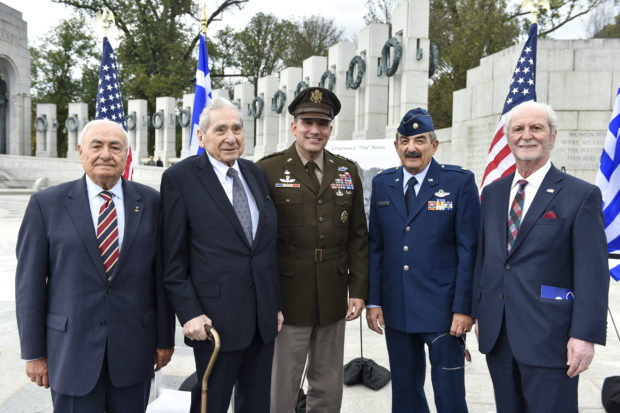 Five proud Greek-American veterans (L to R): Stephen Cherpelis, Efthemios J. “Tim” Bentas, Lt General Andrew Poppas, Peter Vergados and John Calamos