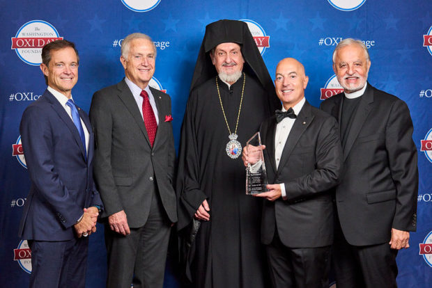 (L to R) Mike Manatos, Andy Manatos, Metropolitan Emanuel, Michael Psaros, Father Alexander Karloutsos