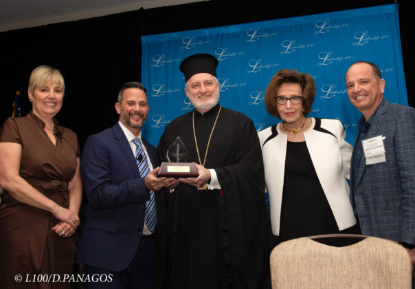 His Eminence Archbishop Elpidophoros of America and Paulette Poulos, Executive Director, center, present the Leadership 100 Achievement Award to Mark Biondi, Program Director, Luv Michael and US Autism Homes. Award Recipients and Co-Founders, Dr. Lisa Liberatore and Dr. Dimitri Kessaris, stand at far left and far right, respectively