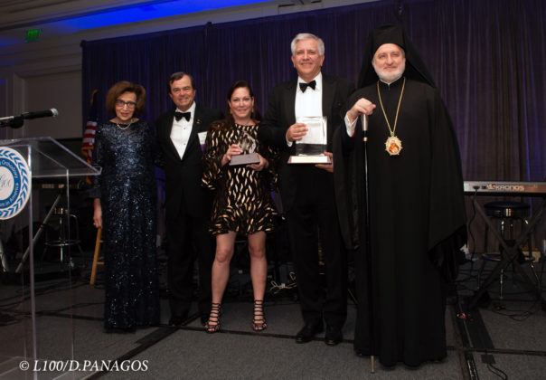 Argyris Vassiliou receives Chairman’s Award and wife, Ann receives Shining Star, center, from His Eminence Archbishop Elpidophoros of America, right, newly elected Chairman Demetrios G. Logothetis, second from left, and Paulette Poulos, Executive Director, far left. PHOTO: GANP/DEMETRIOS PANAGOS