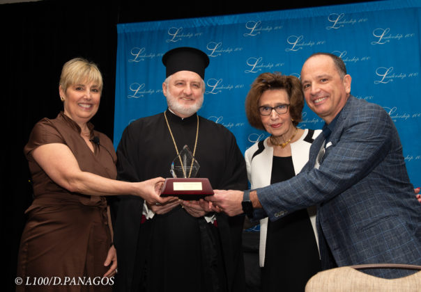 His Eminence Archbishop Elpidophoros of America and Paulette Poulos, Executive Director, center, present the Leadership 100 Achievement Award to Dr. Lisa Liberatore and Dr. Dimitri Kessaris, Co-Founders of Luv Michael and US Autism Homes