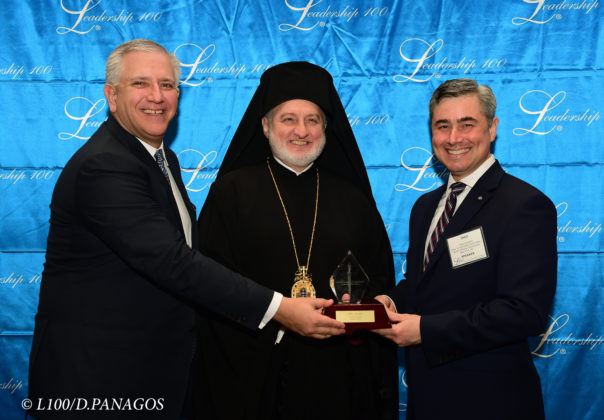 Chairman Argyris Vassiliou and His Eminence Archbishop Elpidophoros of America present the Leadership 100 Achievement Award to Theo Nicolakis, Chief Information Officer of the Greek Orthodox Archdiocese of America