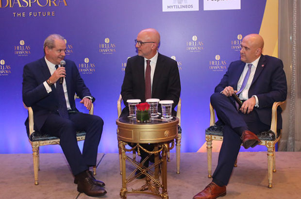 Kathimerini’s Tom Ellis interviewing American Jewish Committee CEO, former Congressman Ted Deutch, and Endy Zemenides at the “Hellas and the Diaspora: The Future” dinner (December 2022)
