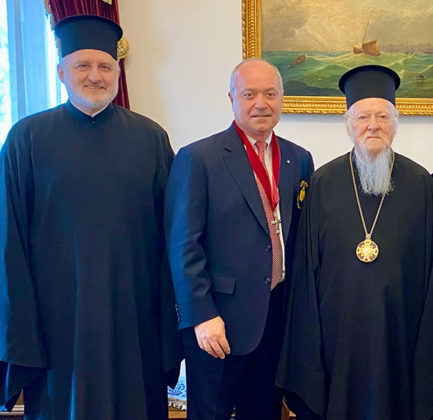 His Eminence Archbishop Elpidophoros of America, Archon John Gumas, and His All-Holiness Ecumenical Patriarch Bartholomew at the Phanar, in Constantinople.