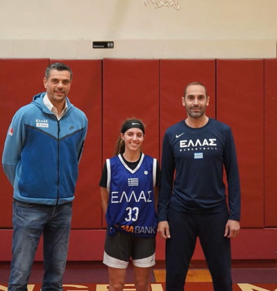 Greeks in the USA Showcase. from left, Kostas Tsartsaris- Hellas Director of Youth Basketball, Nikki Kerstein - player that was selected at showcase, and Giannis Kalampokis- U16 Boys Hellas National Team Head Coach