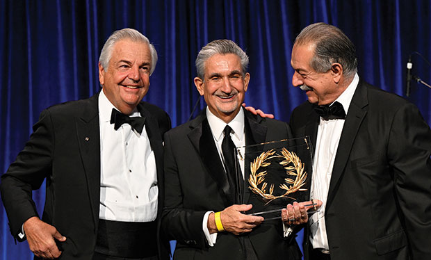 (L to R) George P. Stamas, Senior Partner, Gibson, Dunn & Crutcher LLP and The Hellenic Initiative Board President/Co-Founder; honoree Ted Leonsis, CEO Monumental Sports & Entertainment/Majority Owner Washington Wizards, Washington Capitals, and Washington Mystics; Andrew N. Liveris, Former Chairman and Chief Executive Officer, The Dow Chemical Company and THI Board Chairman/Co-Founder.