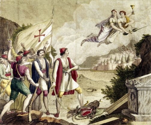 Allegory of the reawakening of the nationalist feeling of Greece under Ottoman domination which led to the Greek War of Independence (1821-1830) or the Greek Revolution. By unknown artist.