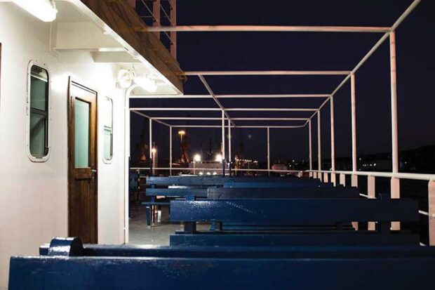 The ferry boat on the Perama–Salamina route that hosted Eri Dimitriadi’s site-specific exhibition about the memory of Agios Georgios island in 2021. Photo: Eri Dimitriadi