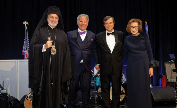 Archbishop Elpidophoros with newly installed Leadership 100 Chairman, Michael N. Bapis, Outgoing Leadership 100 Chairman, Demetrios G. Logothetis, and Leadership 100 Executive Director, Paulette Poulos.