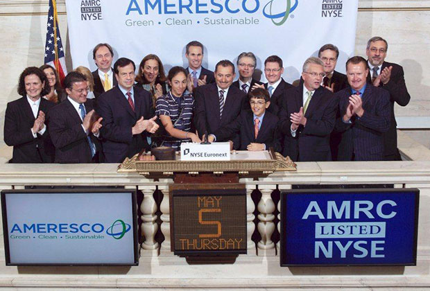 George Sakellaris takes Ameresco Public on July 2010. The Management Team along with George’s children, Christina and Peter and his wife Caterina Sakellaris ringing the bell at the opening of the NYSE Exchange.