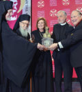 Father Alex and Presbytera Xanthi Karloutsos receiving the Athenagoras Human Rights Award by Archbishop, Geron of America Demetrios and the Archons National Commander Anthony J. Limberakis. Metropolitan Emmanuel of France (1st from left) represented the Ecumenical Patriarch.