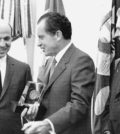 Mr. Rossides, left, was an assistant secretary of the Treasury in October 1969 when President Richard M. Nixon received a commemorative trophy marking the 100th anniversary of the Secret Service. Mr. Rossides oversaw the agency. At right was James J. Rowley, director of the Secret Service. UPI