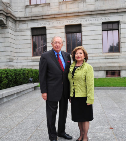 George and Margo Behrakis in front of the building that houses the Art of the Ancient World wing, which the Boston Museum of Fine Arts has named in their honor